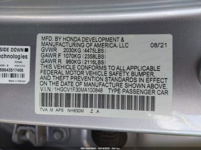 2021 HONDA ACCORD 1HGCV1F30MA100848 Photo 8