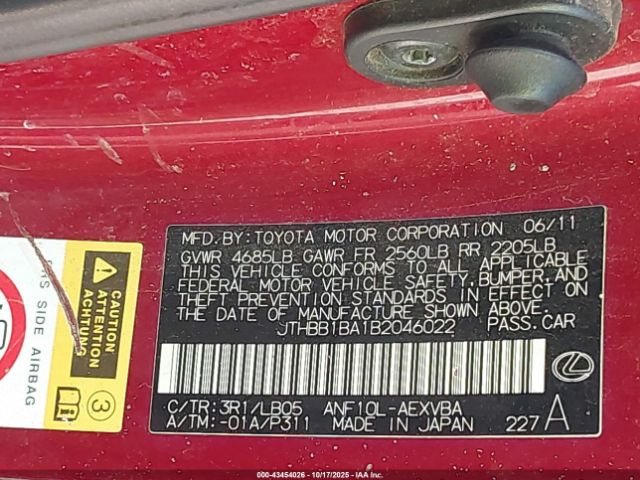 2011 LEXUS HS 250H JTHBB1BA1B2046022 Photo 8