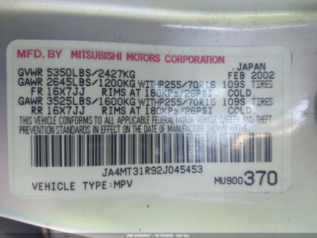 2002 MITSUBISHI MONTERO SPORT JA4MT31R92J045453 Photo 8