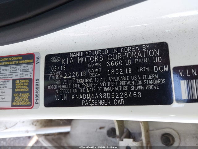2013 Kia Rio Lx მანქანა იყიდება აუქციონზე, vin: KNADM4A38D6228463, აუქციონის ნომერი: 43454099