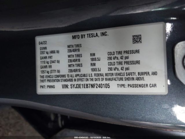 2022 TESLA MODEL 3 5YJ3E1EB7NF240105 Photo 8