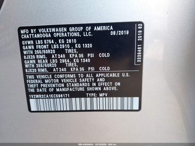 1V2WR2CA1KC596171 Volkswagen Atlas 3.6l V6 Se W/technology