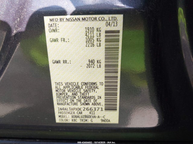 43454452 :رقم المزاد ، 1N4AL3APXDC266371 vin ، 2013 Nissan Altima 2.5 Sv مزاد بيع