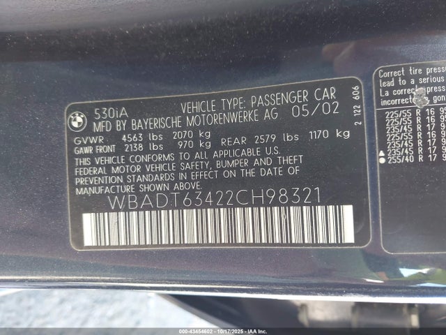 Auction sale of the 2002 Bmw 530ia, vin: WBADT63422CH98321, lot number: 43454602