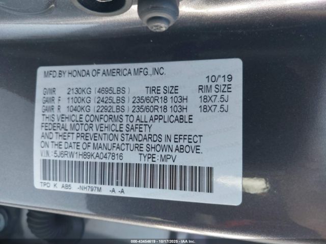 2019 HONDA CR-V 5J6RW1H89KA047816 Photo 8