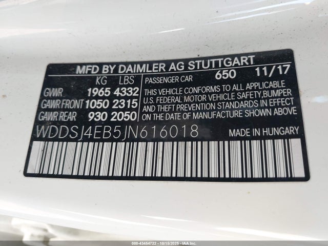 Продаж на аукціоні авто 2018 Mercedes-benz Cla 250, vin: WDDSJ4EB5JN616018, номер лоту: 43454722