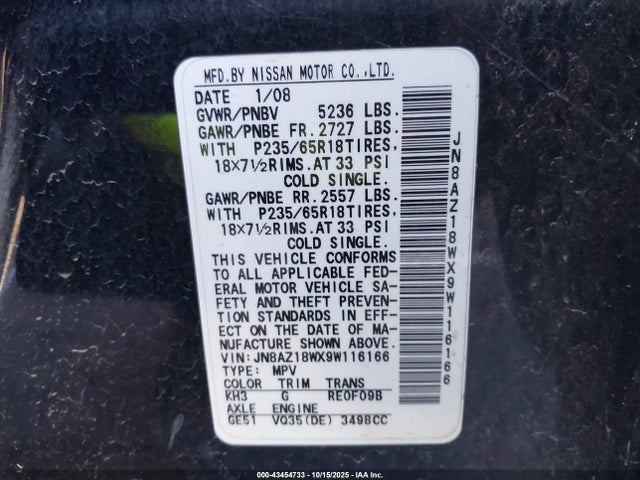 43454733 :رقم المزاد ، JN8AZ18WX9W116166 vin ، 2009 Nissan Murano S/sl/le مزاد بيع