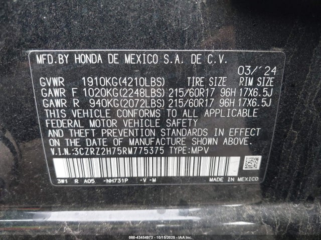 3CZRZ2H75RM775375 Honda Hr-v Awd Ex-l/awd Ex-l W/o Bsi