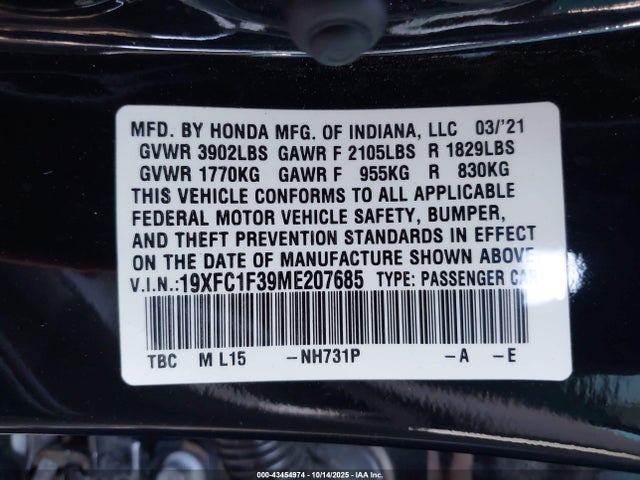 Honda l15b7 2021 19XFC1F39ME207685 Image 9