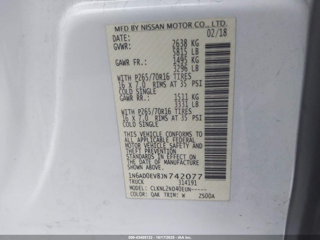 1N6AD0EV8JN742077 Nissan Frontier Sv