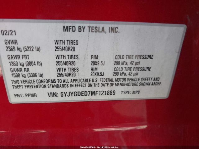 2021 TESLA MODEL Y 5YJYGDED7MF121889 Photo 8