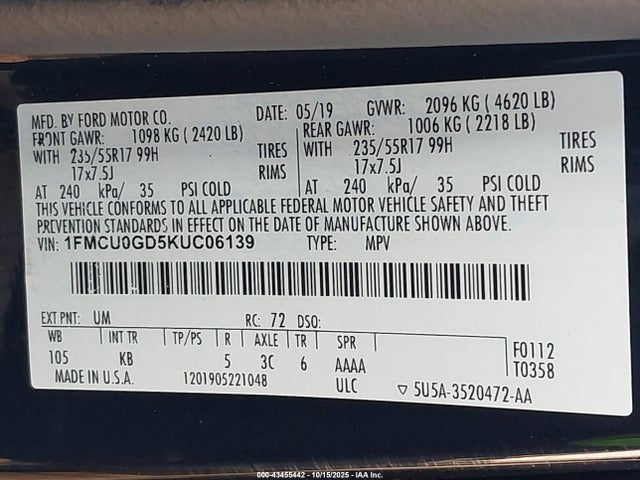 1FMCU0GD5KUC06139 Ford 1.5l gtdi sigma w/premium fuel