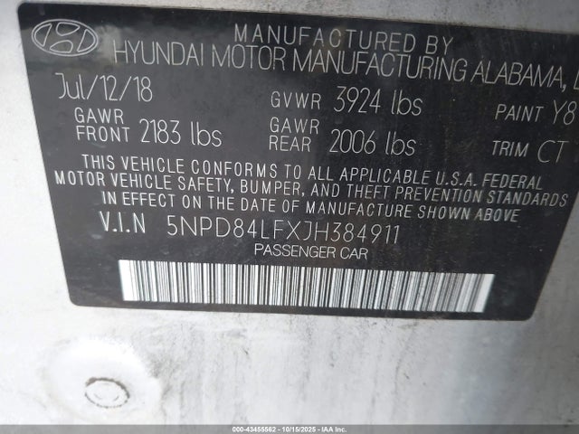 5NPD84LFXJH384911 Hyundai Elantra Value Edition