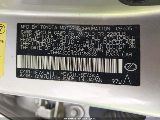 2005 LEXUS ES 330 JTHBA30G455128836 Photo 8