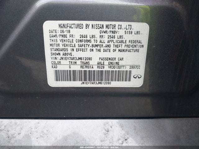 Aukcja sprzedaży 2018 Infiniti Q50 3.0t Luxe, vin: JN1EV7AR3JM612090, numer aukcji: 43455967