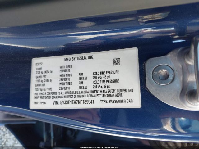 2022 TESLA MODEL 3 5YJ3E1EA7NF189941 Photo 8