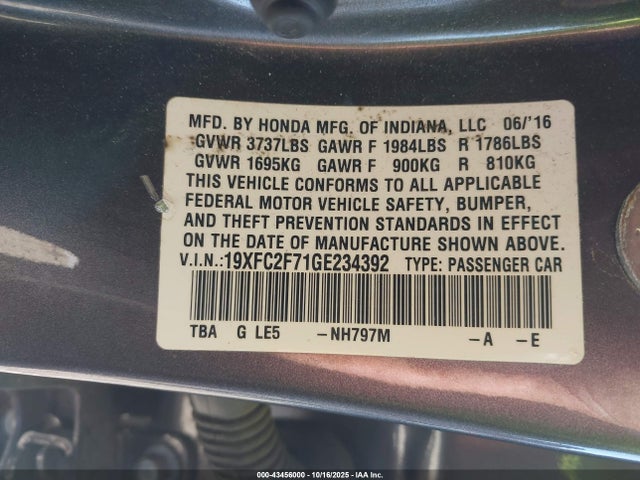 2016 Honda Civic Ex მანქანა იყიდება აუქციონზე, vin: 19XFC2F71GE234392, აუქციონის ნომერი: 43456000