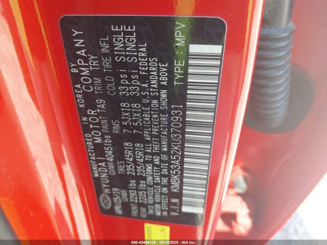 2019 HYUNDAI KONA KM8K53A52KU370931 Photo 8