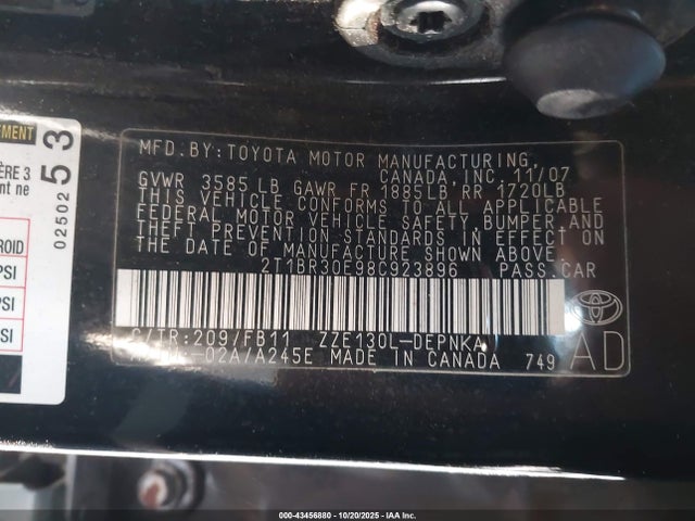 2008 TOYOTA COROLLA 2T1BR30E98C923896 Photo 8