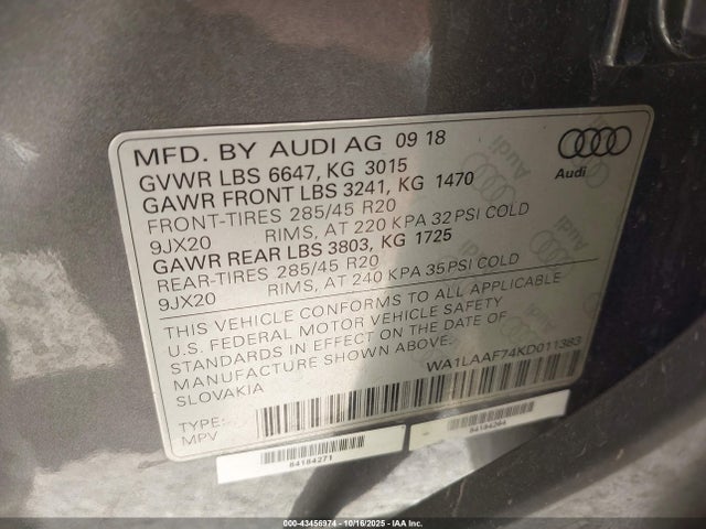 2019 Audi Q7 55 Premium/55 Se Premium მანქანა იყიდება აუქციონზე, vin: WA1LAAF74KD011383, აუქციონის ნომერი: 43456974