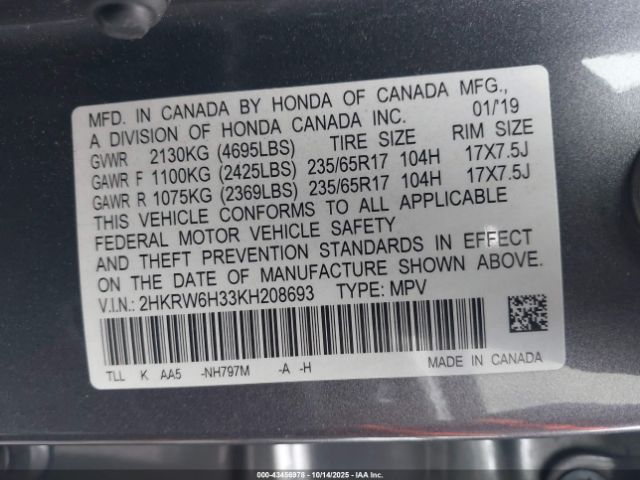 2019 HONDA CR-V 2HKRW6H33KH208693 Photo 8