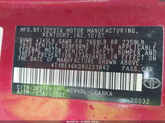 2008 TOYOTA CAMRY 4T1BE46K08U221642 Photo 8