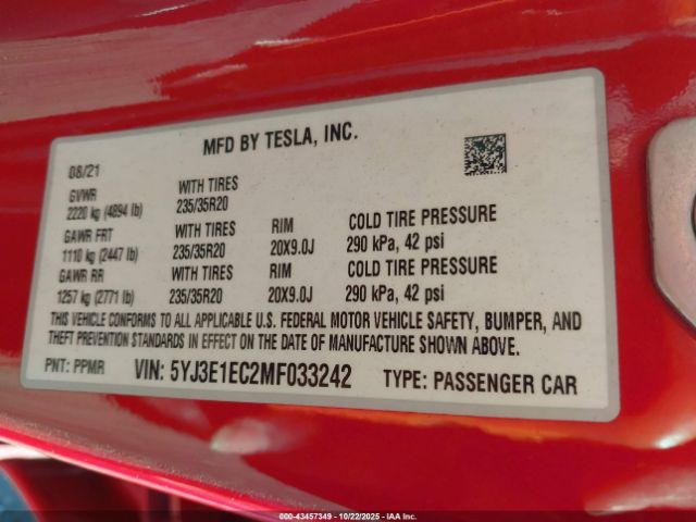 2021 TESLA MODEL 3 5YJ3E1EC2MF033242 Photo 8