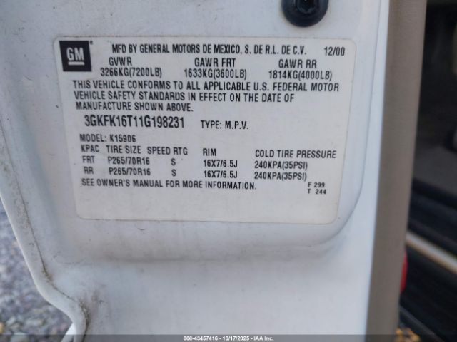 2001 GMC YUKON XL 1500 3GKFK16T11G198231 Photo 8