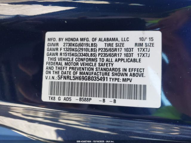 2016 HONDA ODYSSEY 5FNRL5H69GB035491 Photo 8