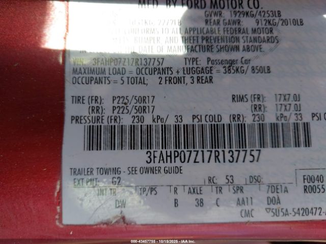 2007 FORD FUSION 3FAHP07Z17R137757 Photo 8
