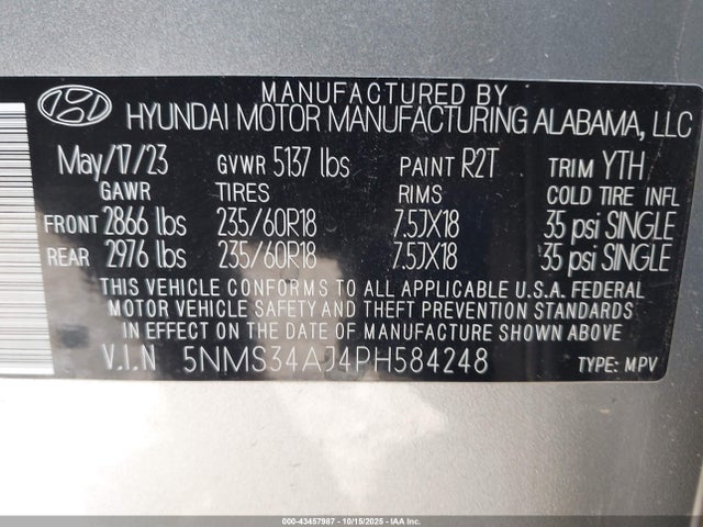 Продажа на аукционе авто 2023 Hyundai Santa Fe Sel, vin: 5NMS34AJ4PH584248, номер лота: 43457987