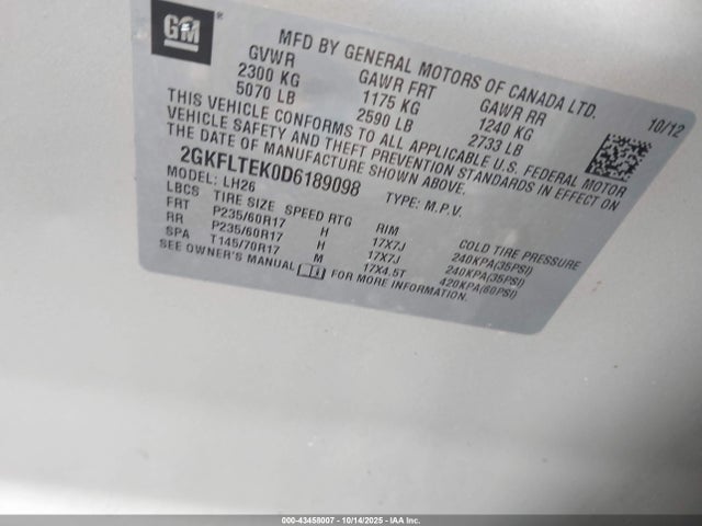 2013 Gmc Terrain Sle-2 მანქანა იყიდება აუქციონზე, vin: 2GKFLTEK0D6189098, აუქციონის ნომერი: 43458007