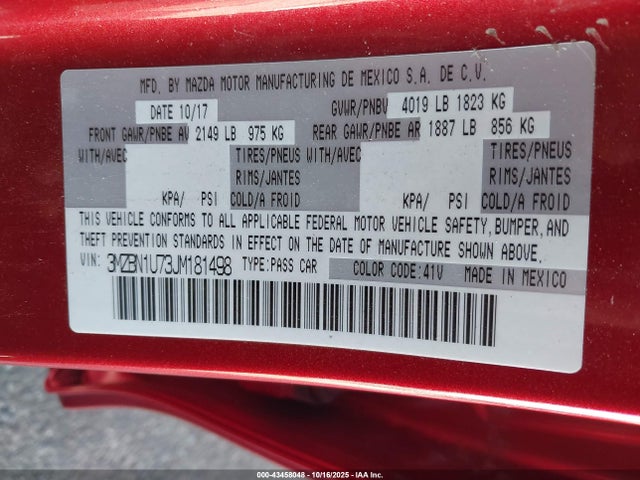 2018 Mazda Mazda3 Sport მანქანა იყიდება აუქციონზე, vin: 3MZBN1U73JM181498, აუქციონის ნომერი: 43458048