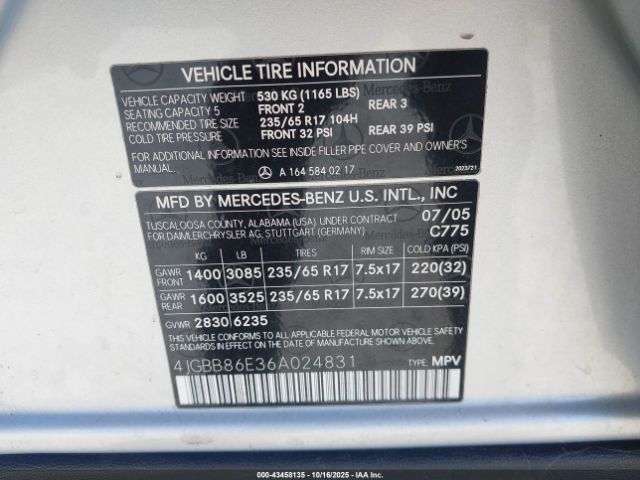 2006 MERCEDES-BENZ ML 350 4JGBB86E36A024831 Photo 8