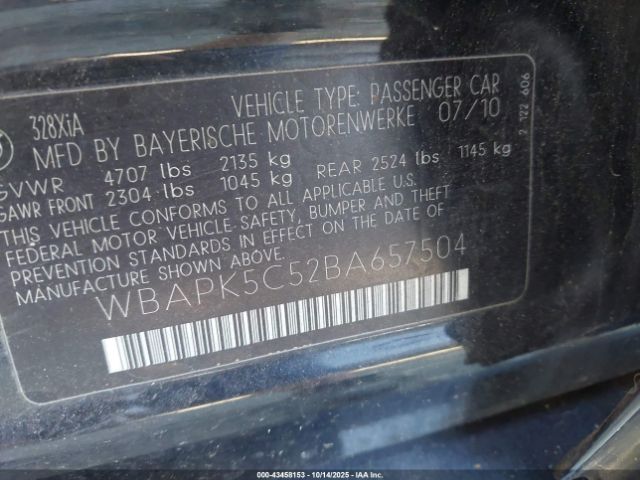 2011 BMW 328I WBAPK5C52BA657504 Photo 8