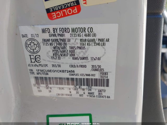 2012 FORD ESCAPE 1FMCU9EG1CKB72456 Photo 8