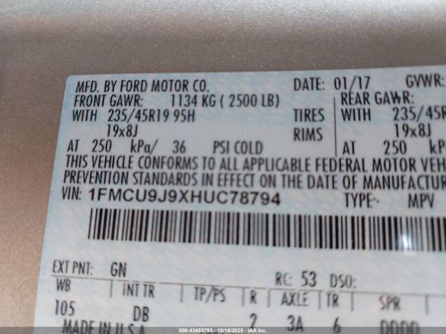 2017 FORD ESCAPE 1FMCU9J9XHUC78794 Photo 8