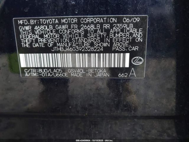 2009 LEXUS ES 350 JTHBJ46G392328224 Photo 8