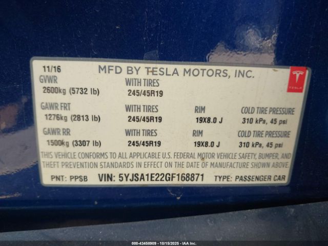 2016 TESLA MODEL S 5YJSA1E22GF168871 Photo 8