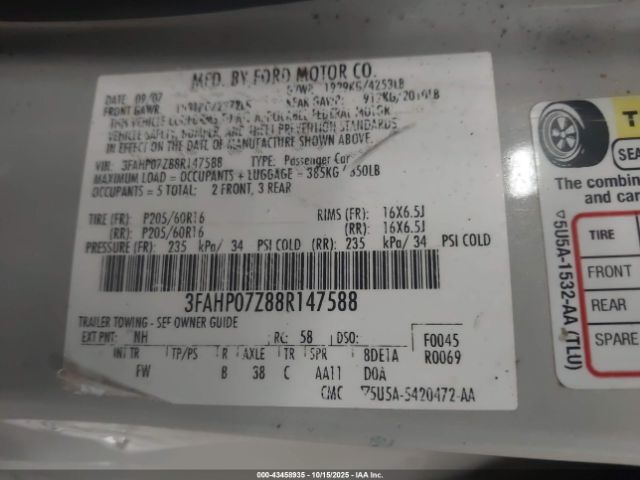 2008 FORD FUSION 3FAHP07Z88R147588 Photo 8