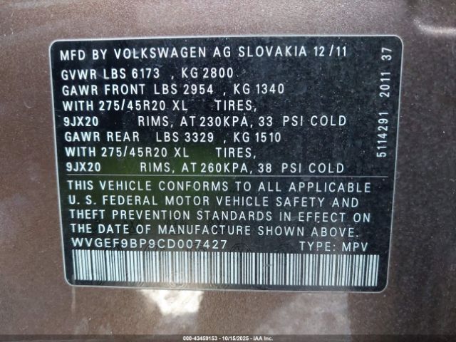2012 VOLKSWAGEN TOUAREG WVGEF9BP9CD007427 Photo 8
