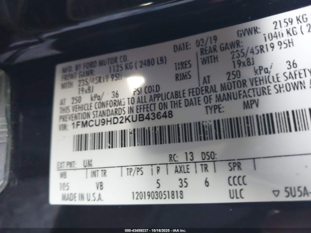 2019 FORD ESCAPE 1FMCU9HD2KUB43648 Photo 8