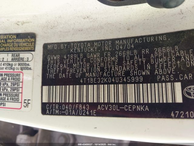 2004 TOYOTA CAMRY 4T1BE32K04U345999 Photo 8