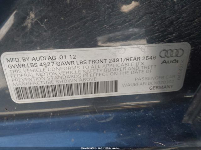 2012 AUDI A4 WAUBFAFL0CN020302 Photo 8