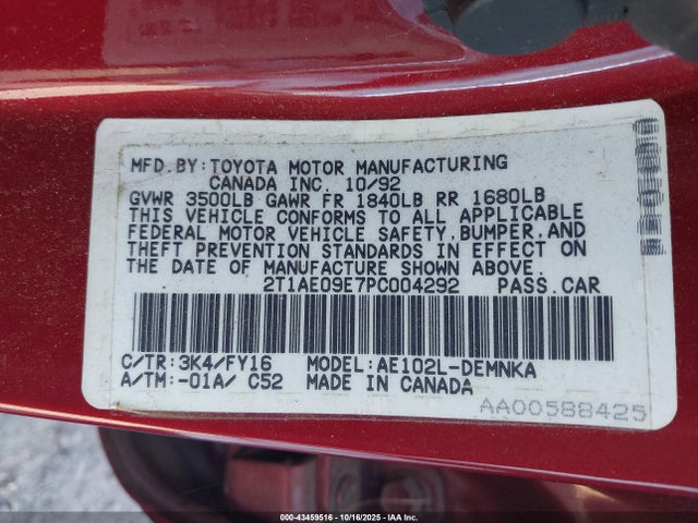 1993 TOYOTA COROLLA 2T1AE09E7PC004292 Photo 8