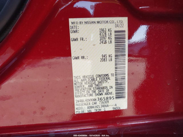 Nissan Altima 2022 1N4BL4DVXNN365895 Image 9