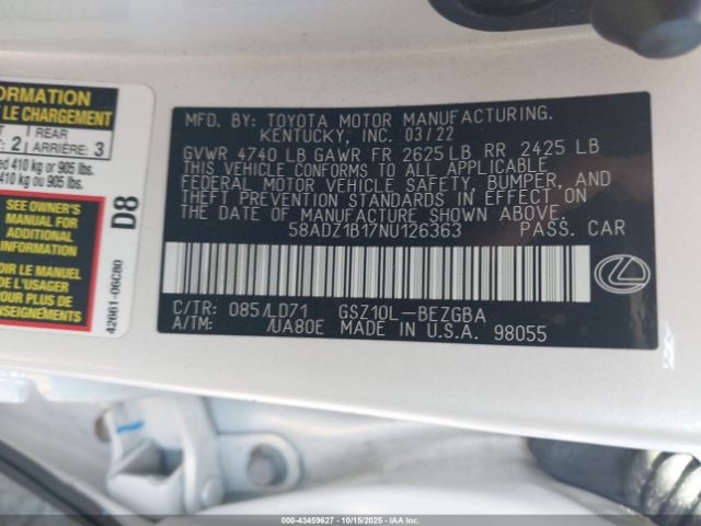 2022 LEXUS ES 350 58ADZ1B17NU126363 Photo 8