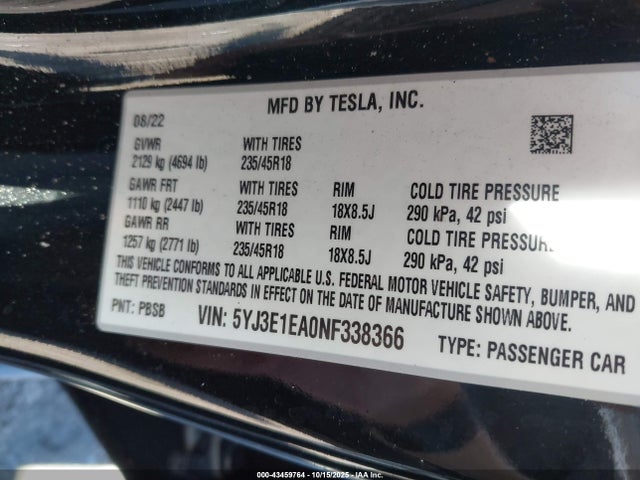 Aukcja sprzedaży 2022 Tesla Model 3 Rear-wheel Drive, vin: 5YJ3E1EA0NF338366, numer aukcji: 43459764