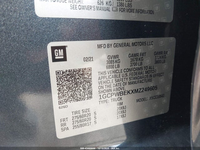 43460008 :رقم المزاد ، 1GCPWBEKXMZ249605 vin ، 2021 Chevrolet Silverado 1500 2wd  Short Bed Custom مزاد بيع