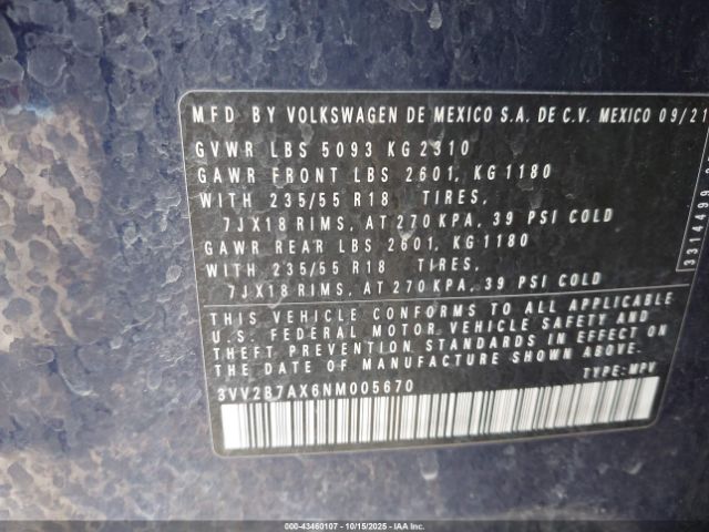 2022 VOLKSWAGEN TIGUAN 3VV2B7AX6NM005670 Photo 8